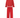 Red long sleeve blouse with a ruffled collar and matching pants with a ruffled hem on a white background.