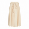 A pleated midi skirt in a light beige color, featuring an elastic waistband with a drawstring tie, shown against a plain white background.