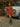 Woman in orange outfit standing next to a vintage white truck in a forest setting