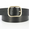 Black leather belt with a gold buckle on a white background