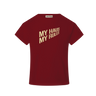 Red t-shirt with 'MY HAUS MY RULES' text on a white background