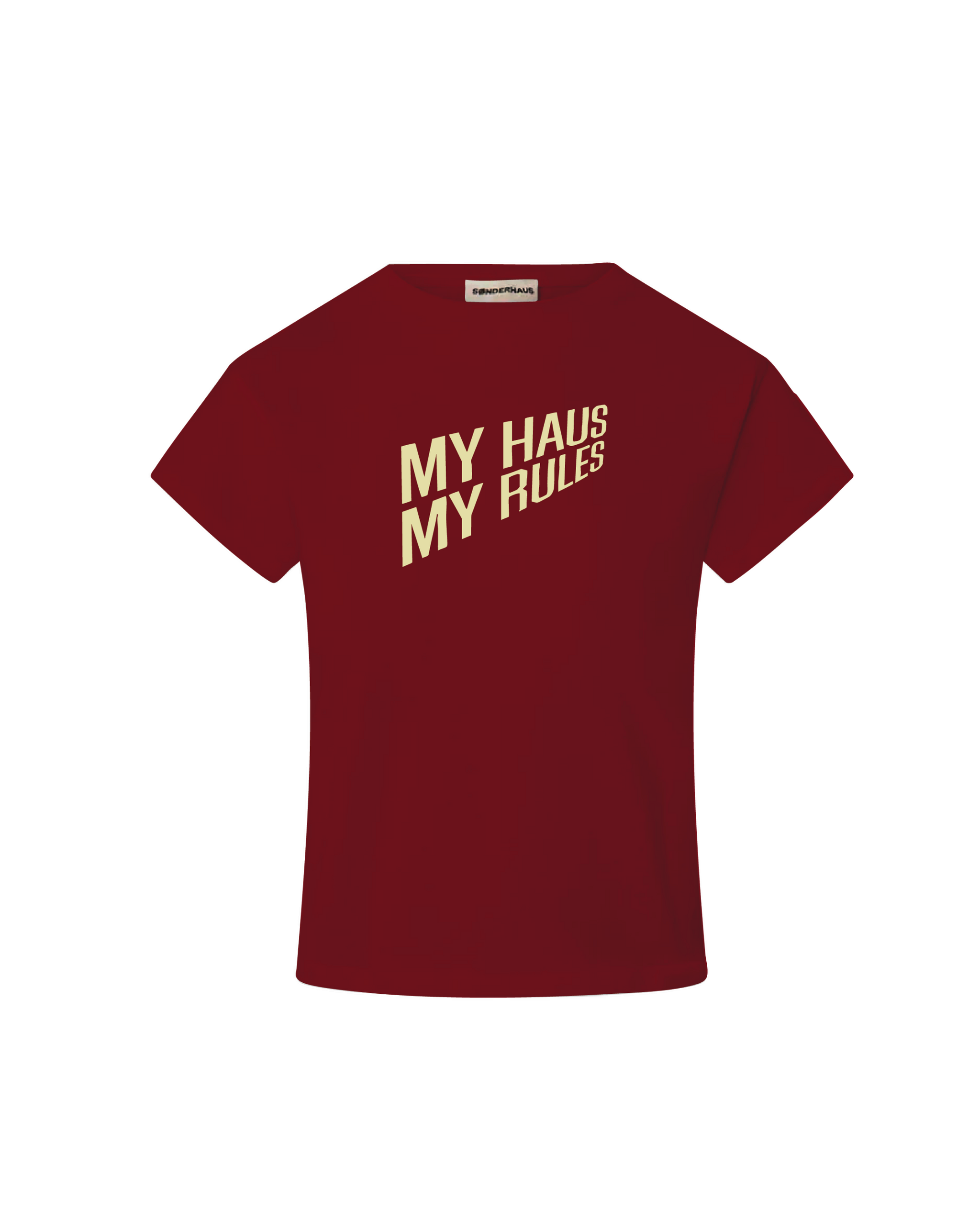 Red t-shirt with 'MY HAUS MY RULES' text on a white background